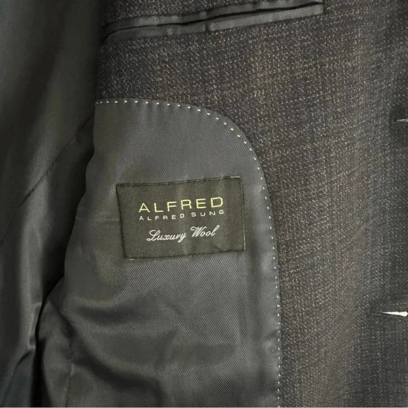 Size 42R Alfred Sung Luxury Wool Navy Blue Plaid Suit Jacket - Picture 5 of 6